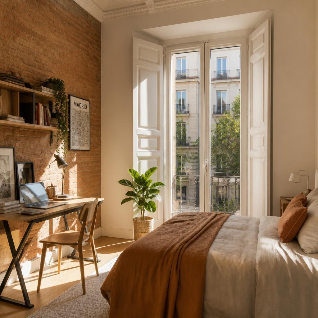 A bright student room in Madrid with a desk and balcony
